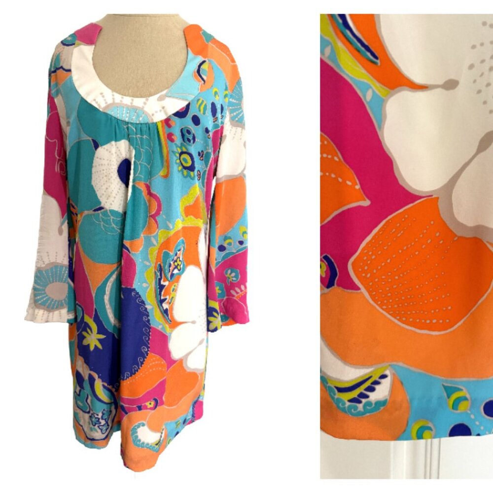 Trina Turk Shift Silk Short Dress 4 Womens Preppy Colorful Stretch Scoop Party